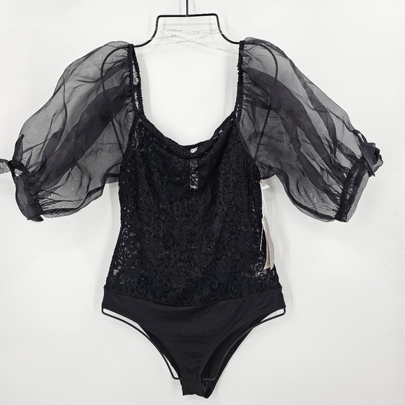 Melograno rico Black Puff Sleeve Bodysuit Floral Sheer Top Size M - Picture 1 of 5